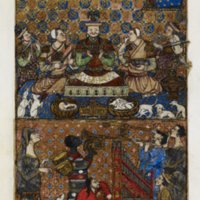 folio 13: Miniature of a Tatar khan enthroned at a lavish banquet with courtiers, dogs, and musicians, illustrating Gluttony.