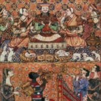 folio 13: Miniature of a Tatar khan enthroned at a lavish banquet with courtiers, dogs, and musicians, illustrating Gluttony.
