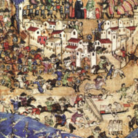 folio 5: A full-page miniature of the sack of Tripoli, Syria, by the Sultan of Egypt in 1289, detail.