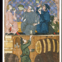 folio 14: Miniature of a scene in a tavern illustrating Gluttony with men drinking, and below a cellarer passing up a drink.