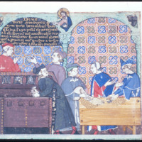 folio 8: Detail from a miniature with scenes of banking and usury (Avarice): of a man taking money from a chest, pictured inside the Banco di San Giorgio, Genoa.